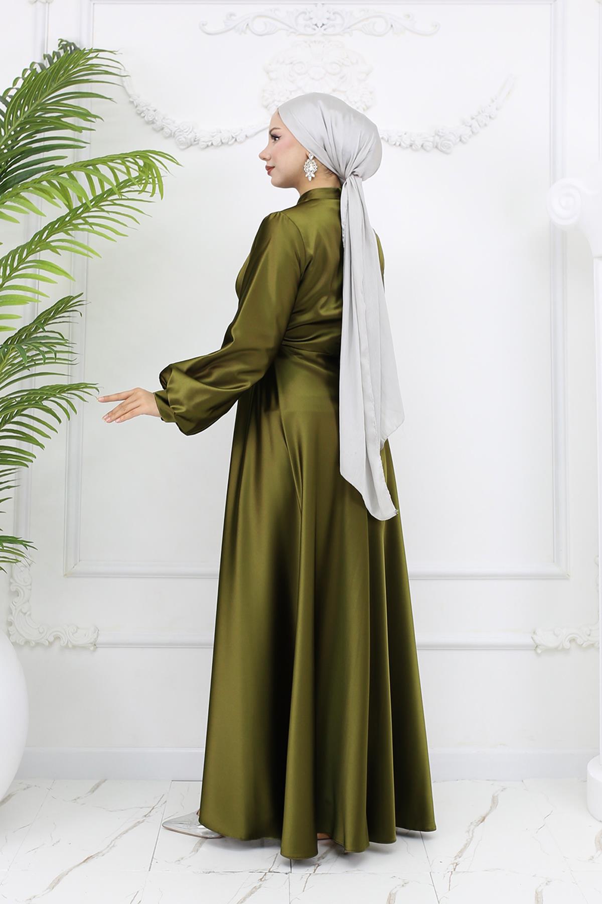 Tesettür Gülnun Saten Abiye Zeytin YeşiliLP6094