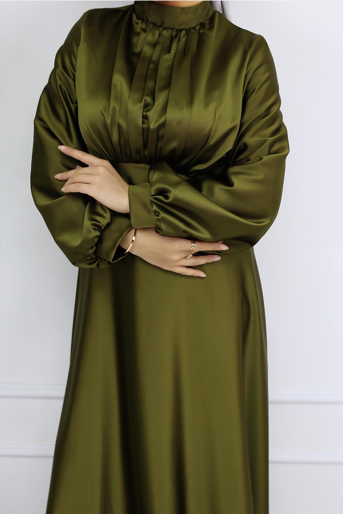 Tesettür Gülnun Saten Abiye Zeytin YeşiliLP6094