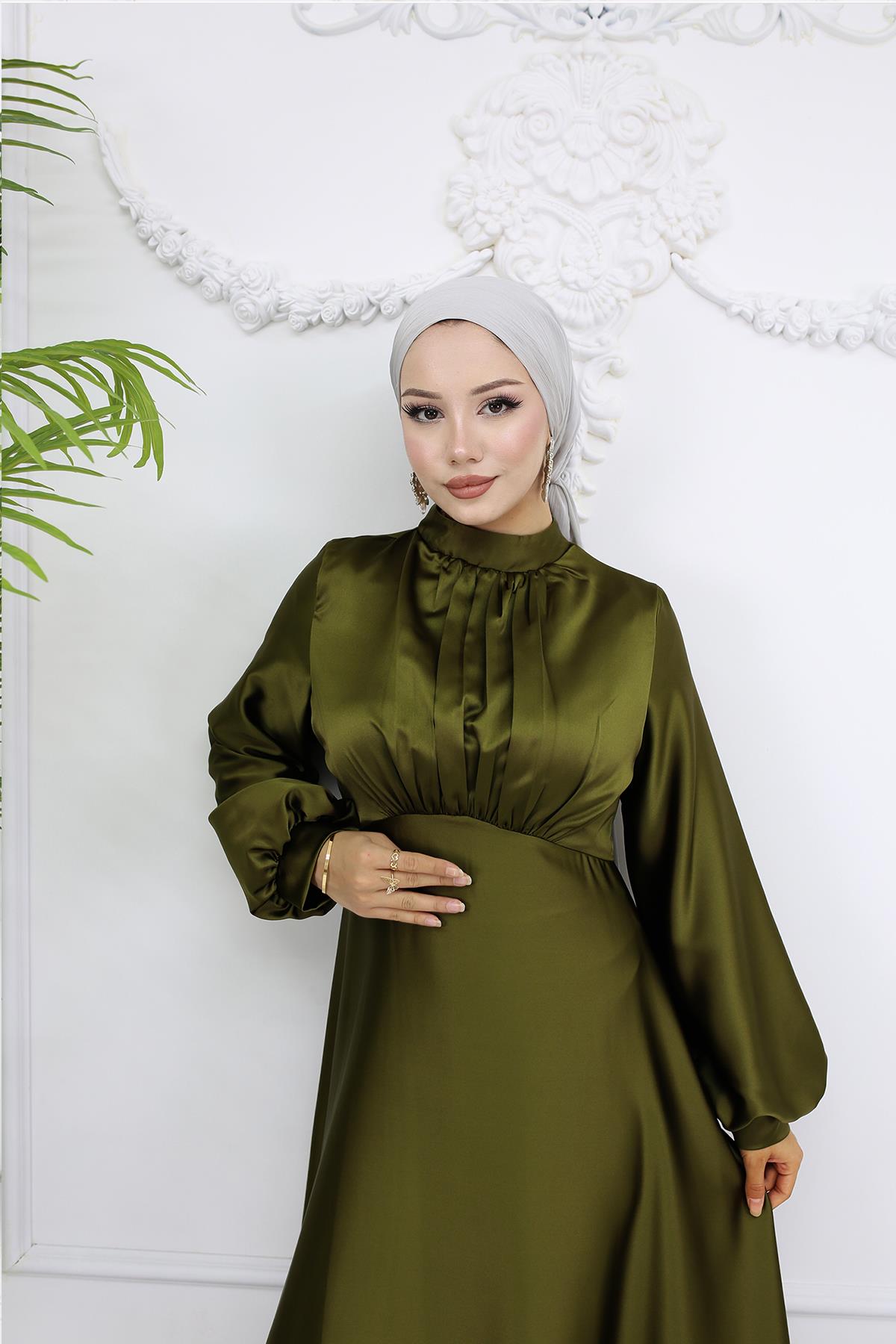 Tesettür Gülnun Saten Abiye Zeytin YeşiliLP6094