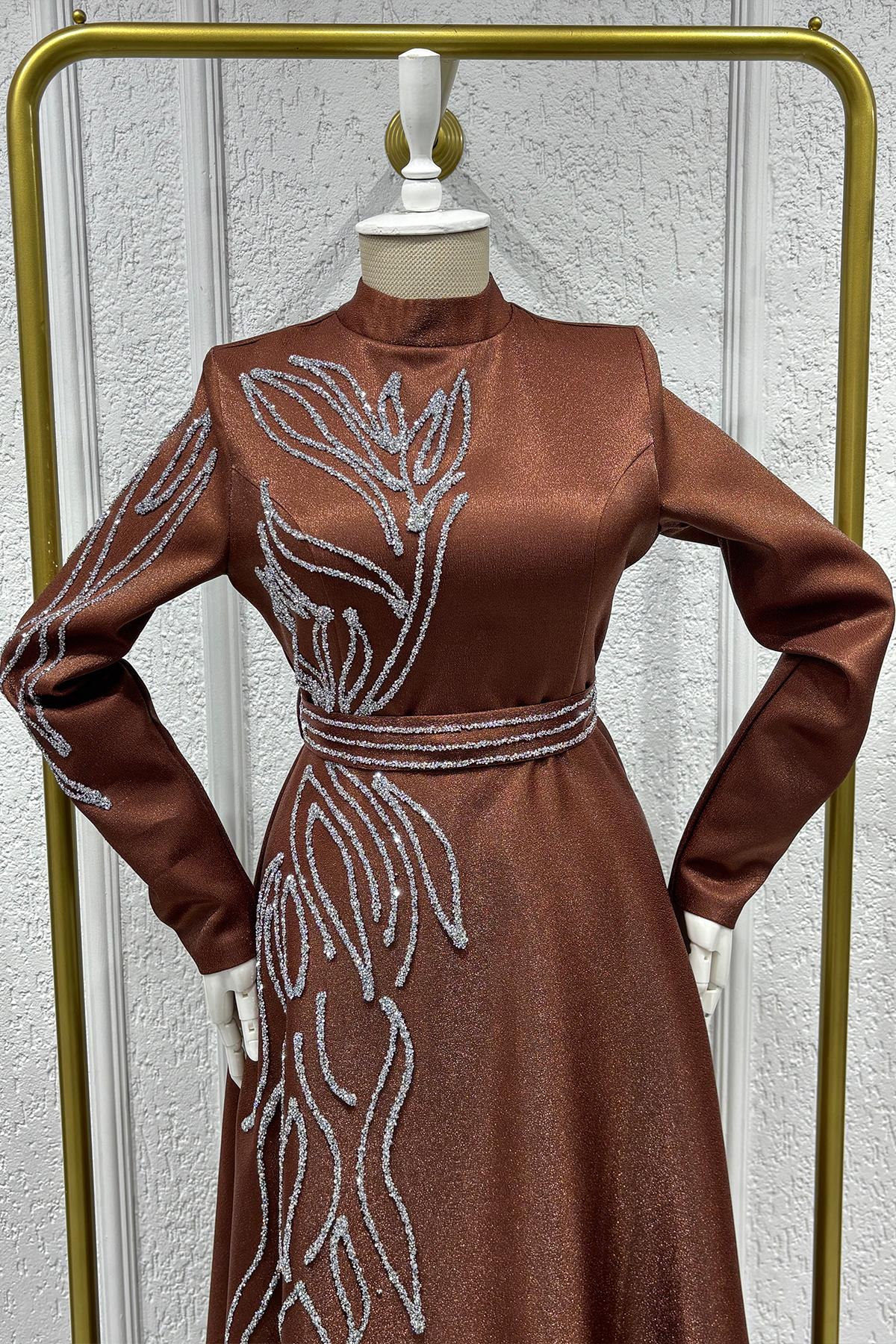 Tesettür Halem Krep Saten Abiye Bakır RengiLP6142-1