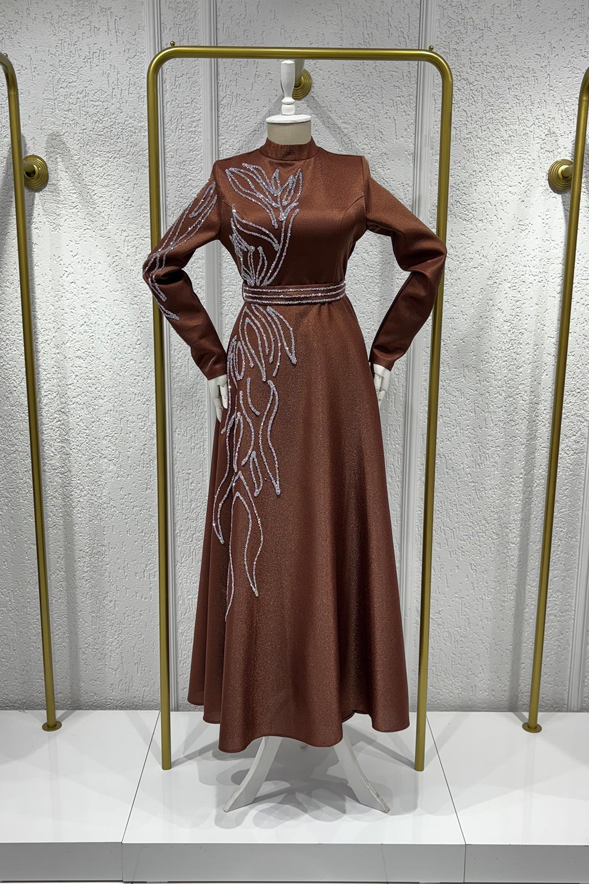 Tesettür Halem Krep Saten Abiye Bakır RengiLP6142-1