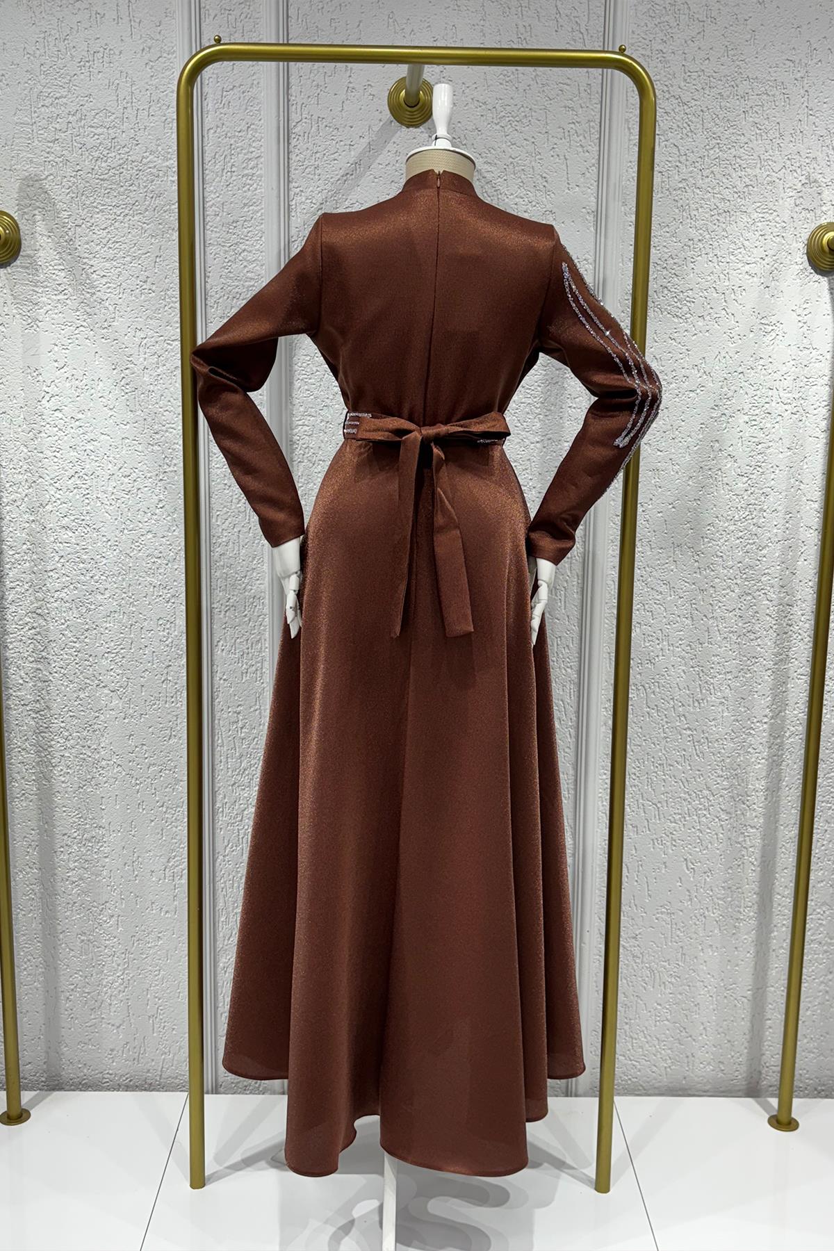 Tesettür Halem Krep Saten Abiye Bakır RengiLP6142-1