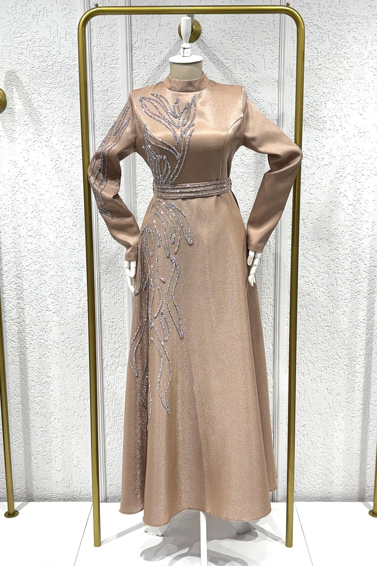 Tesettür Halem Krep Saten Abiye Gold RengiLP6142-1