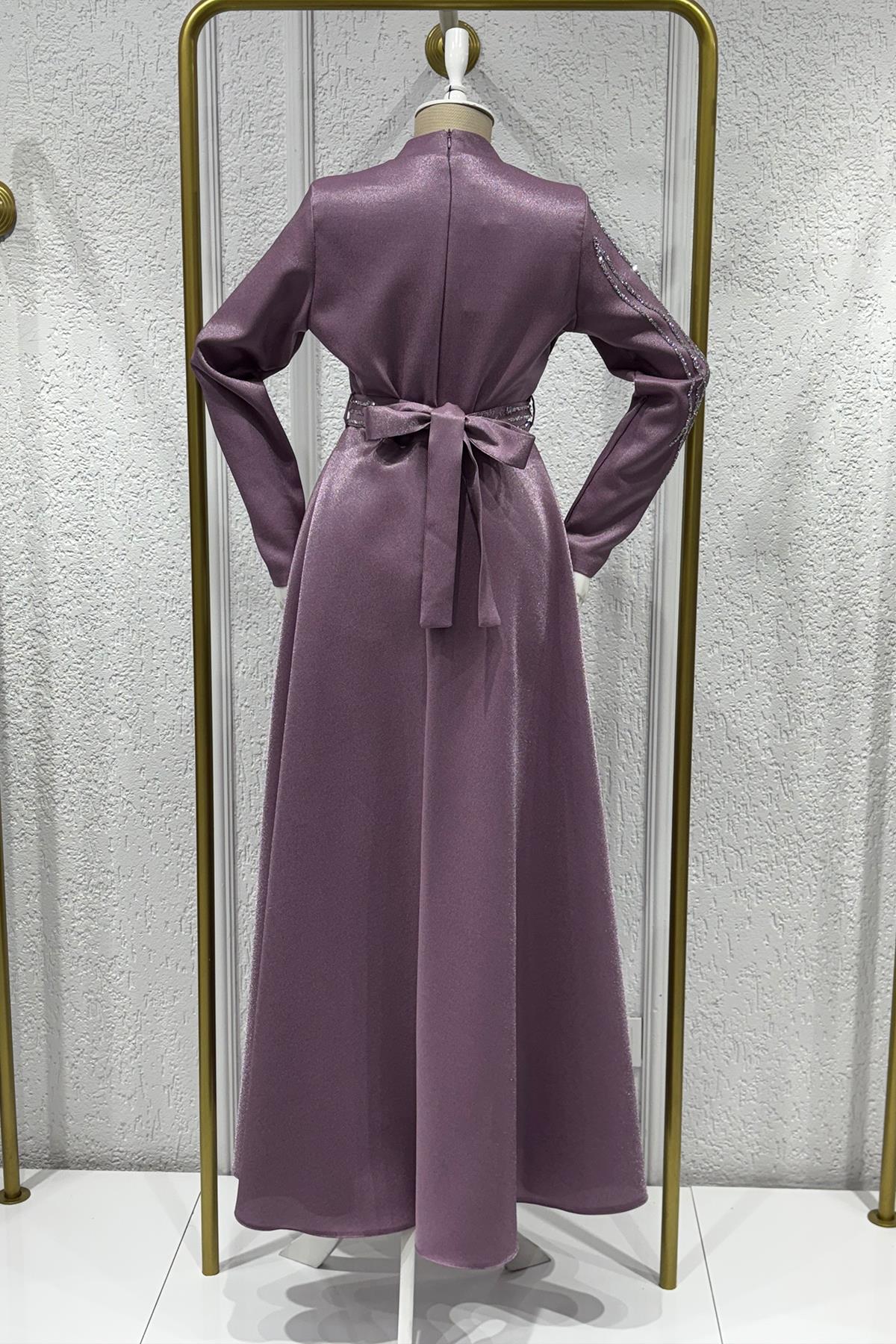 Tesettür Halem Krep Saten Abiye LilaLP6142-1