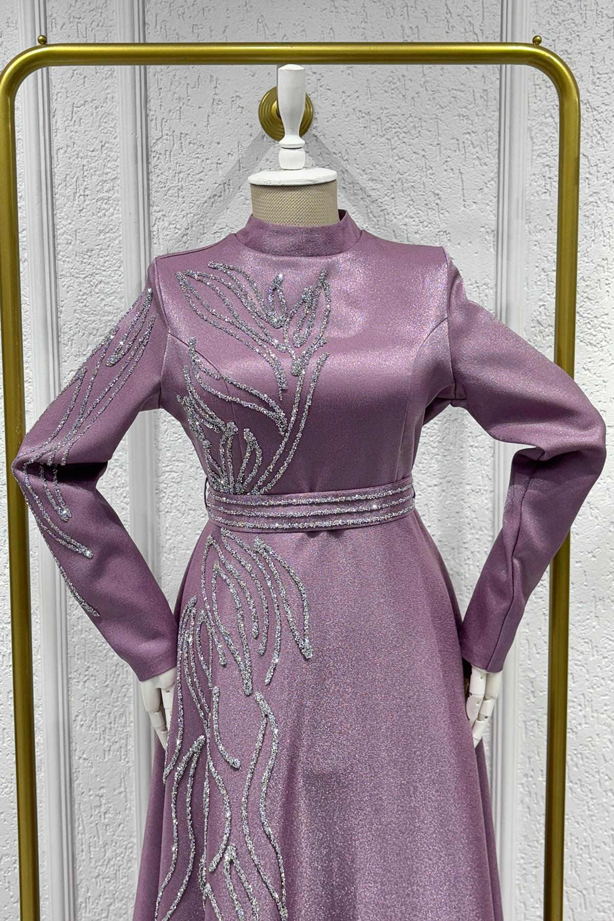 Tesettür Halem Krep Saten Abiye LilaLP6142-1