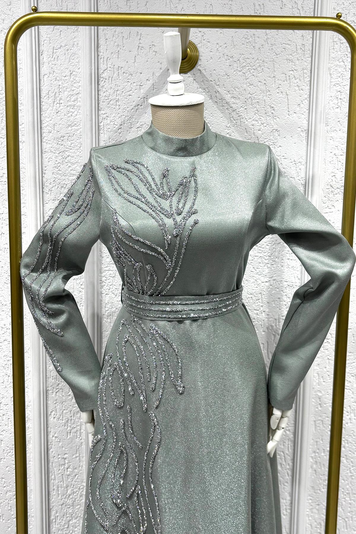 Tesettür Halem Krep Saten Abiye Mint YeşiliLP6142-1