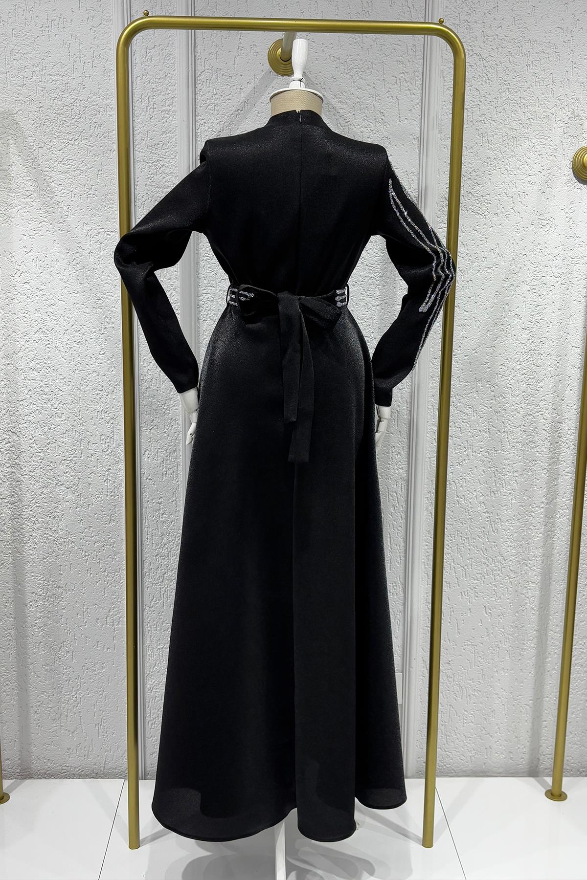 Tesettür Halem Krep Saten Abiye SiyahLP6142-1