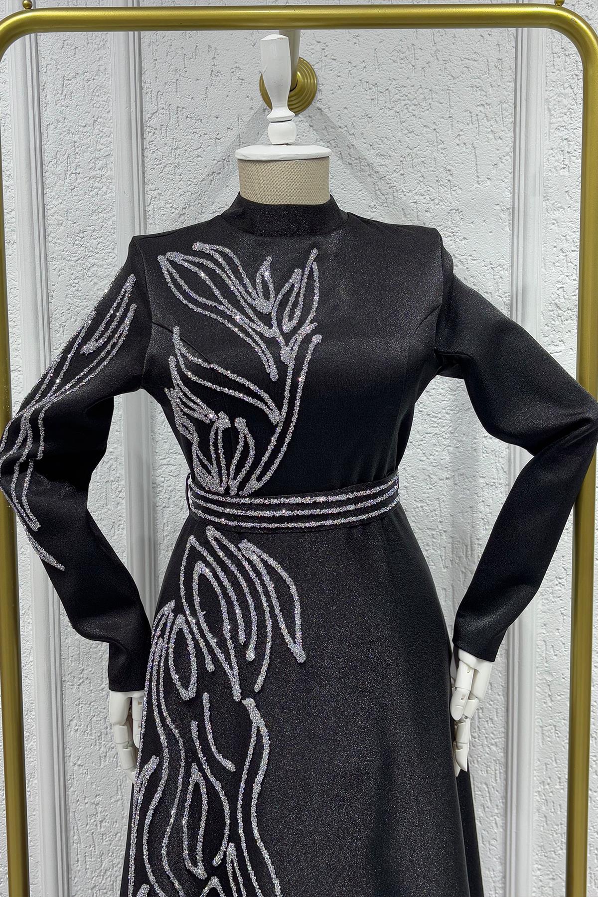 Tesettür Halem Krep Saten Abiye SiyahLP6142-1