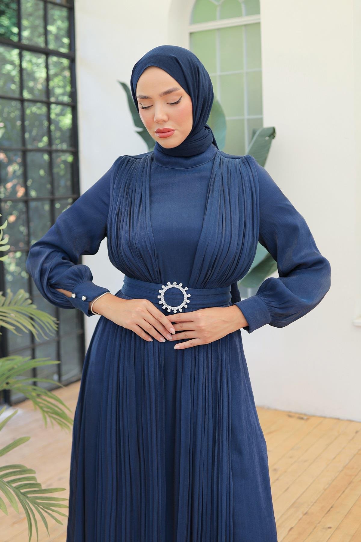 Tesettür Havin Işıltı Abiye LacivertLP6078