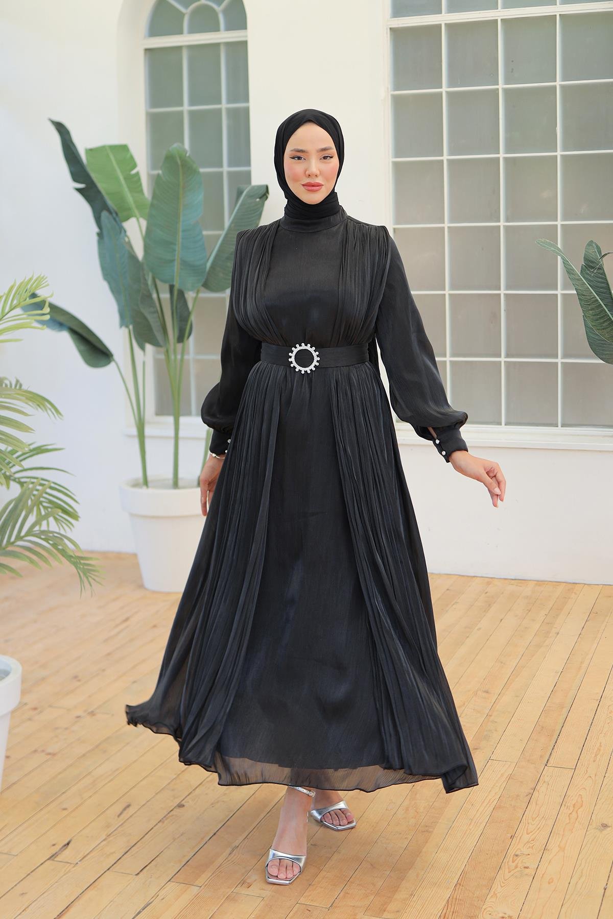 Tesettür Havin Işıltı Abiye SiyahLP6078