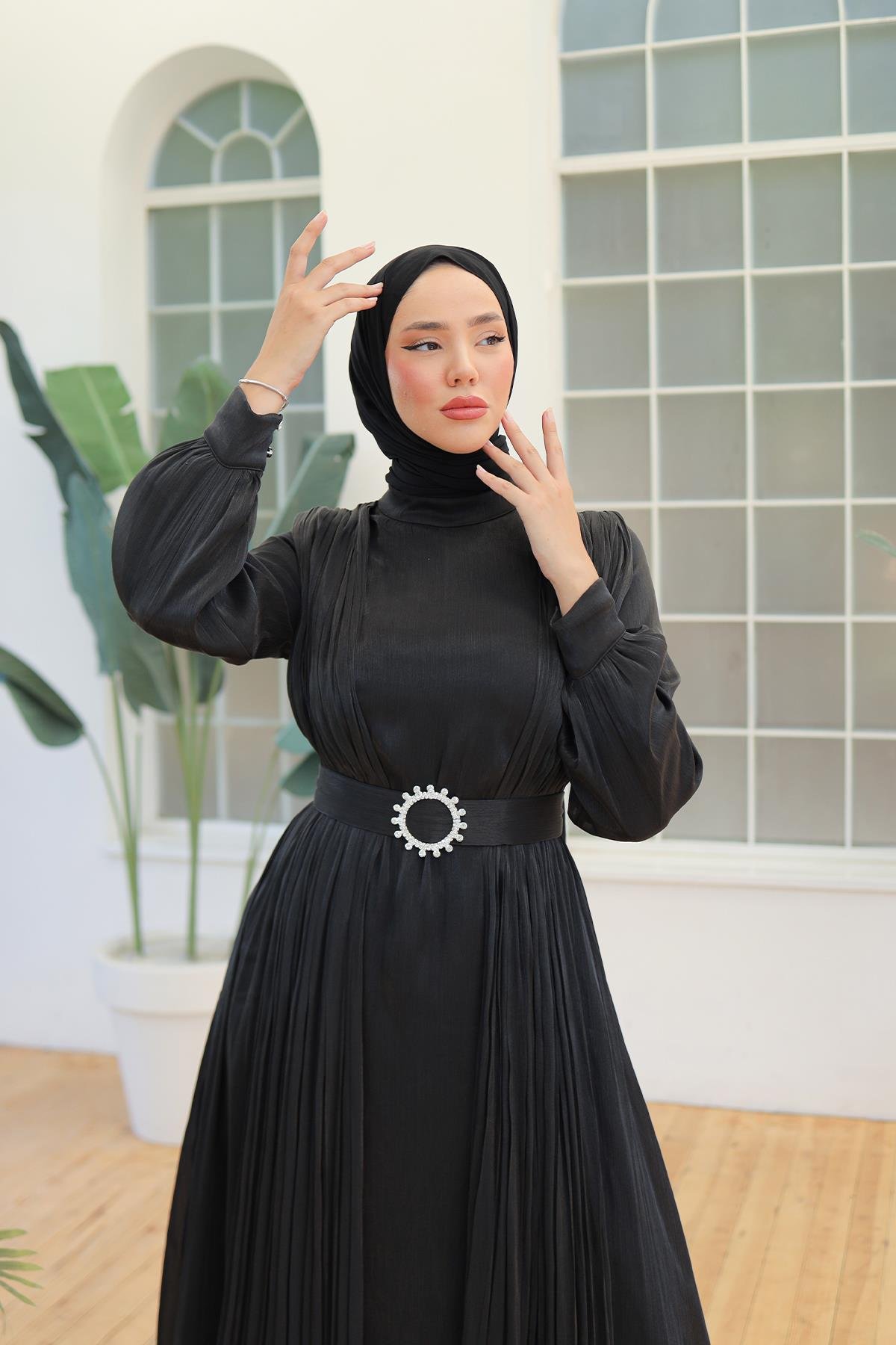 Tesettür Havin Işıltı Abiye SiyahLP6078