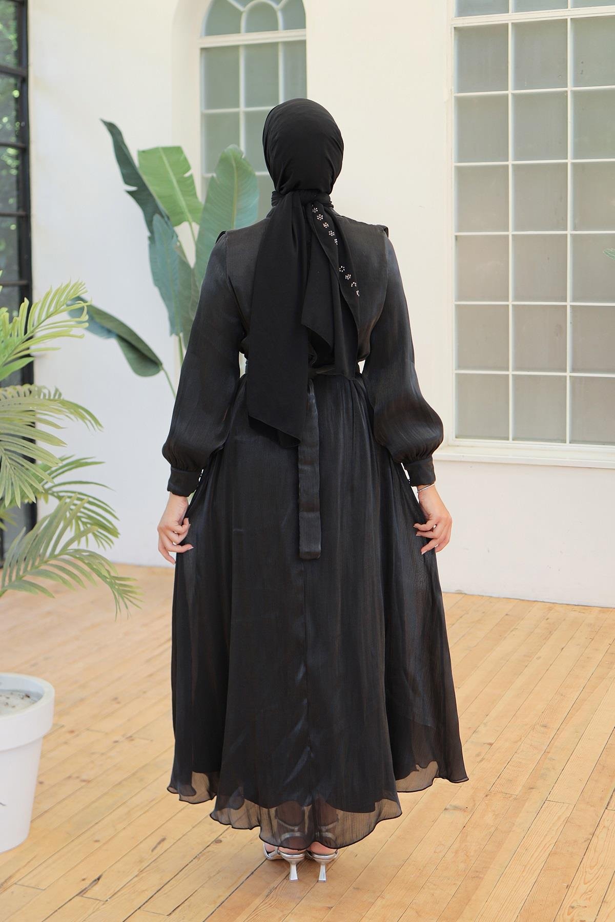 Tesettür Havin Işıltı Abiye SiyahLP6078