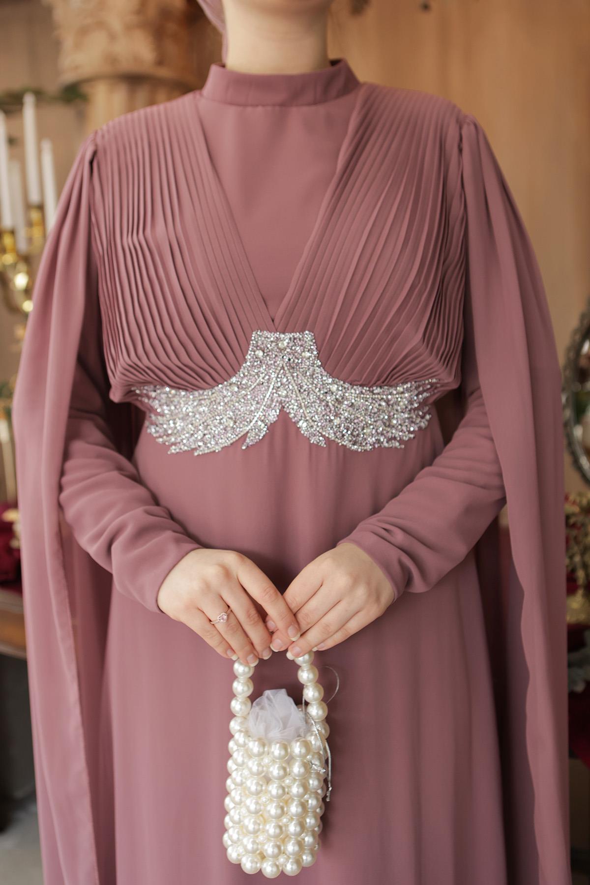 Tesettür Hila Şifon Abiye Gül KurusuLP6015