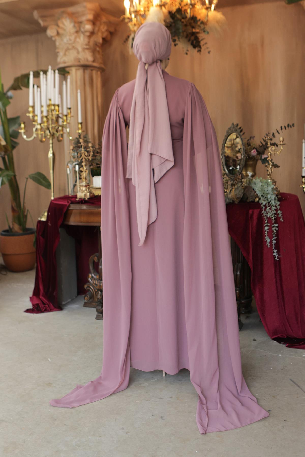 Tesettür Hila Şifon Abiye Gül KurusuLP6015