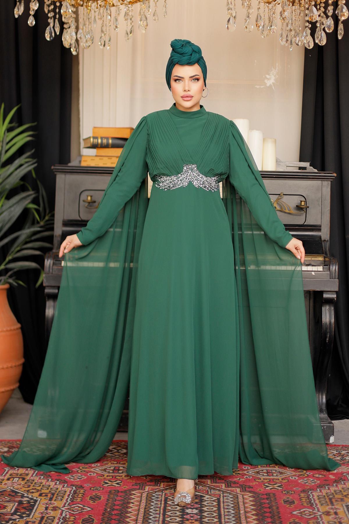 Tesettür Hila Şifon Abiye Zümrüt YeşiliLP6015