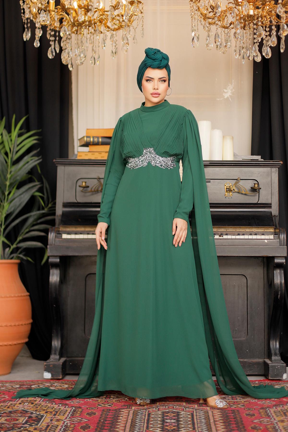 Tesettür Hila Şifon Abiye Zümrüt YeşiliLP6015