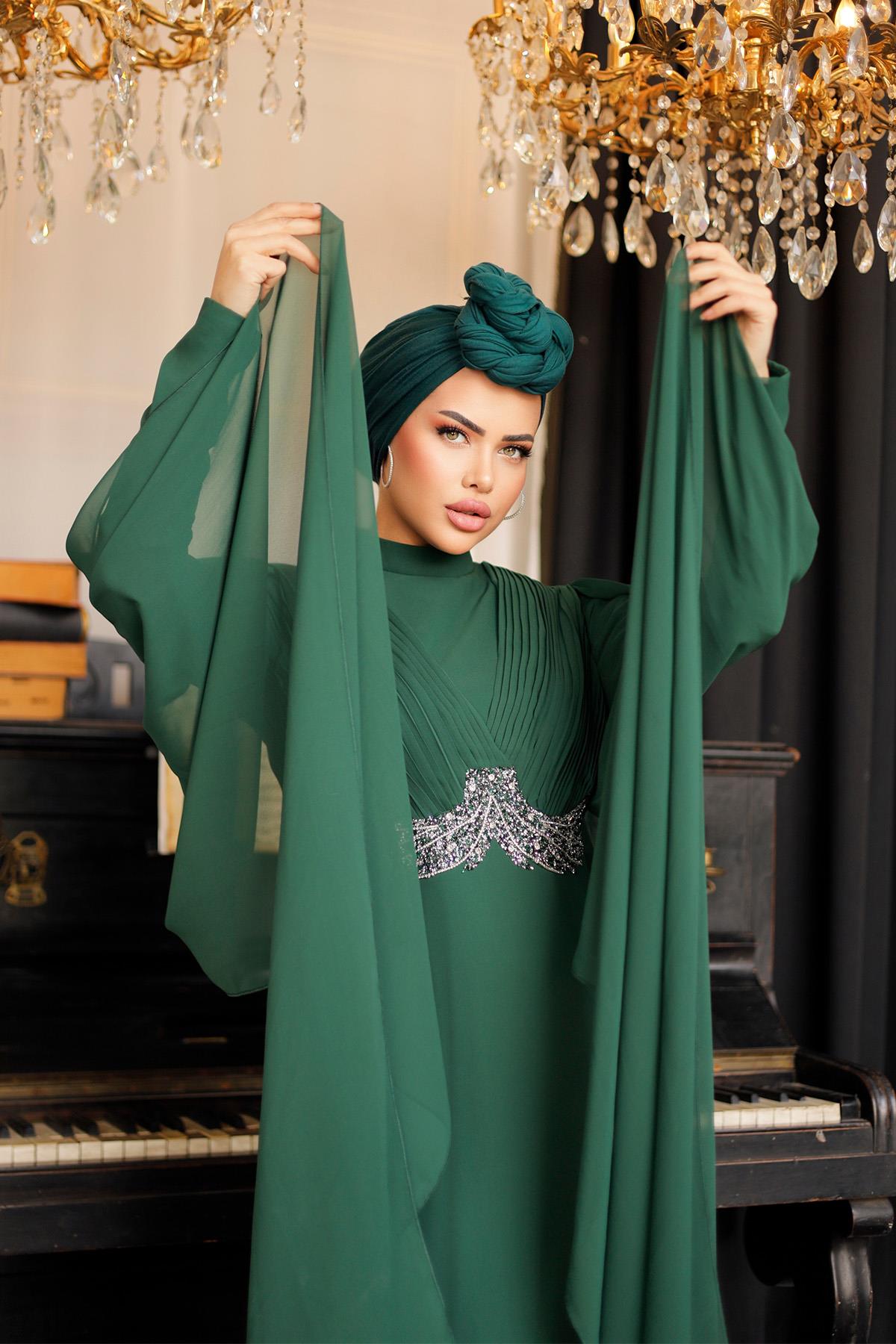 Tesettür Hila Şifon Abiye Zümrüt YeşiliLP6015