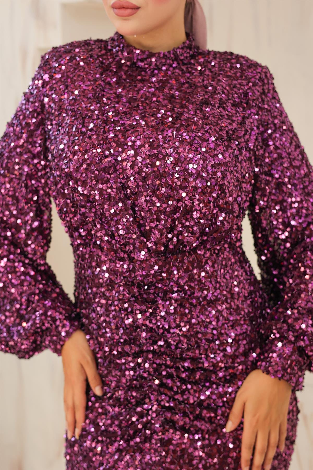 Tesettür Hüma Payetli Abiye FuşyaLP6109