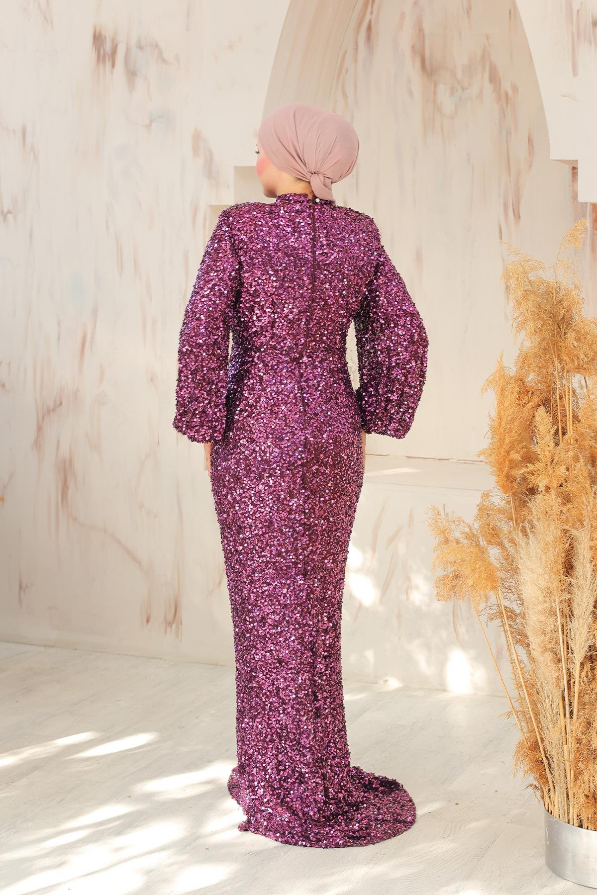 Tesettür Hüma Payetli Abiye FuşyaLP6109