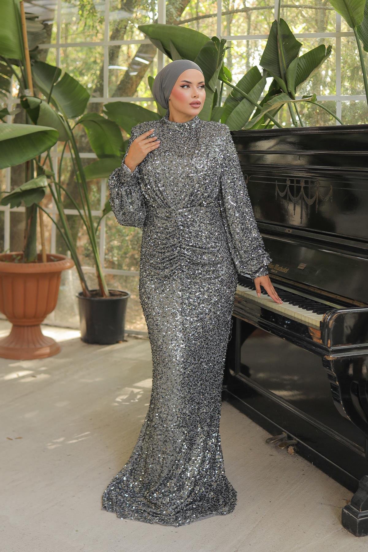 Tesettür Hüma Payetli Abiye GriLP6109