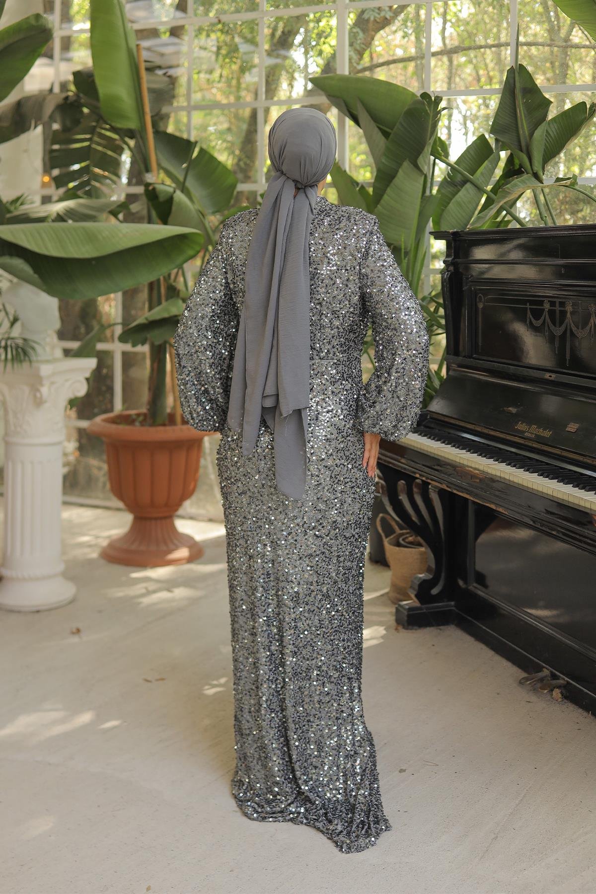 Tesettür Hüma Payetli Abiye GriLP6109