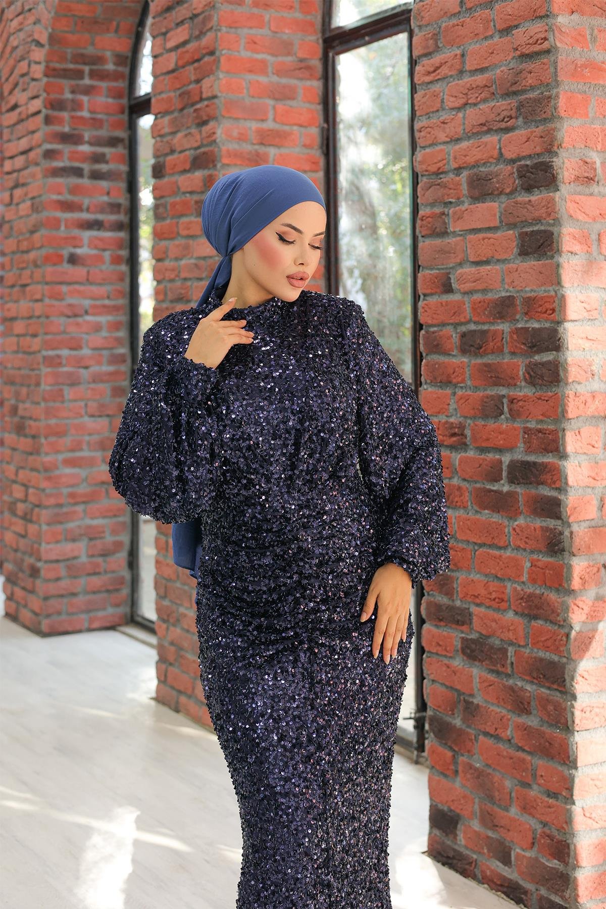 Tesettür Hüma Payetli Abiye LacivertLP6109