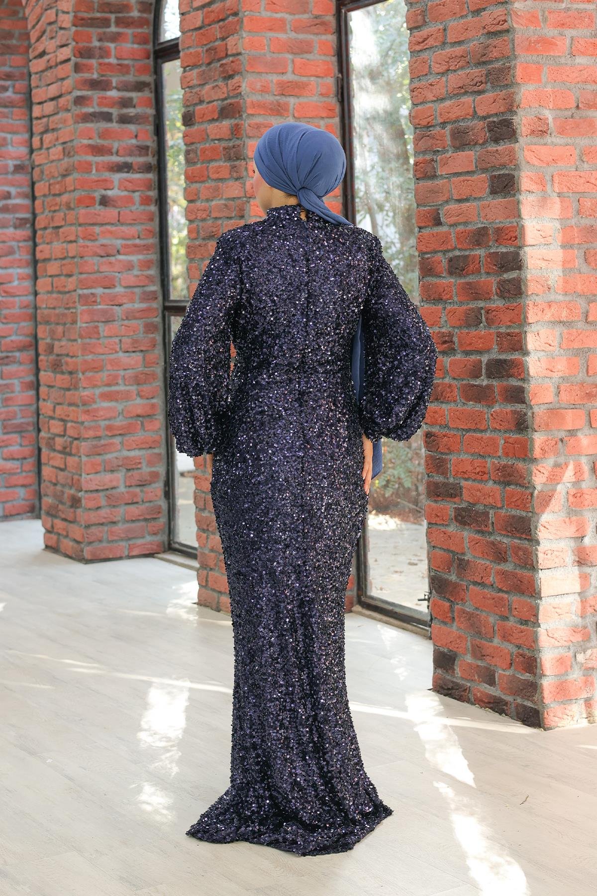 Tesettür Hüma Payetli Abiye LacivertLP6109