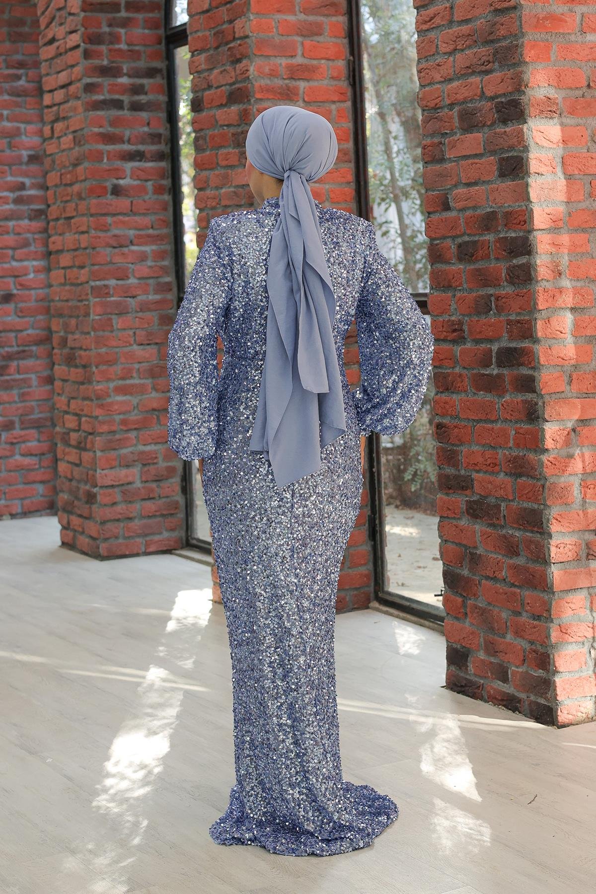 Tesettür Hüma Payetli Abiye MaviLP6109