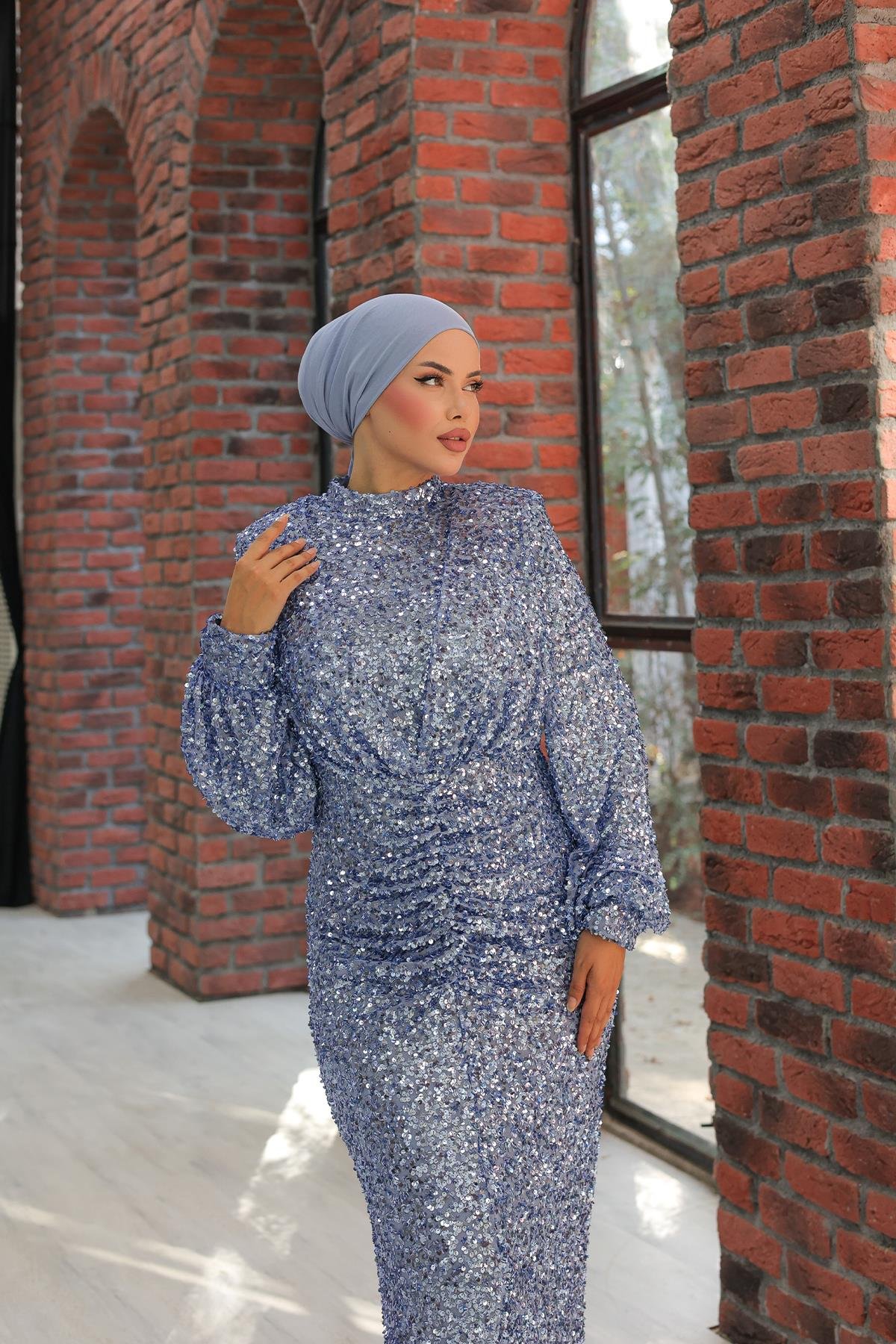 Tesettür Hüma Payetli Abiye MaviLP6109