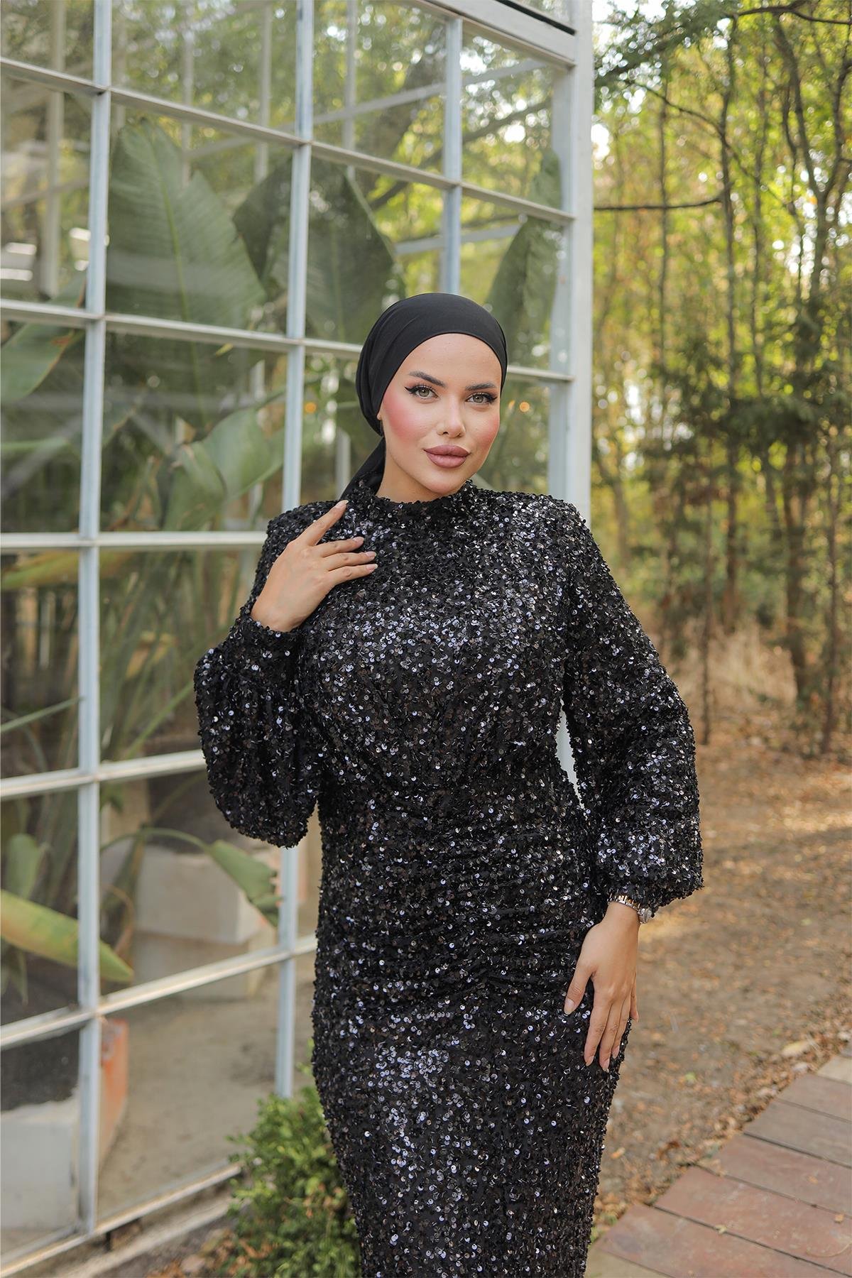 Tesettür Hüma Payetli Abiye SiyahLP6109