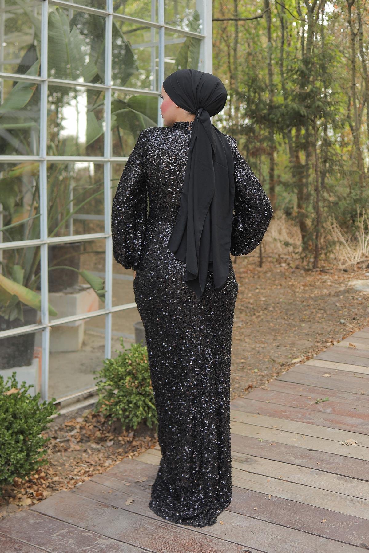 Tesettür Hüma Payetli Abiye SiyahLP6109