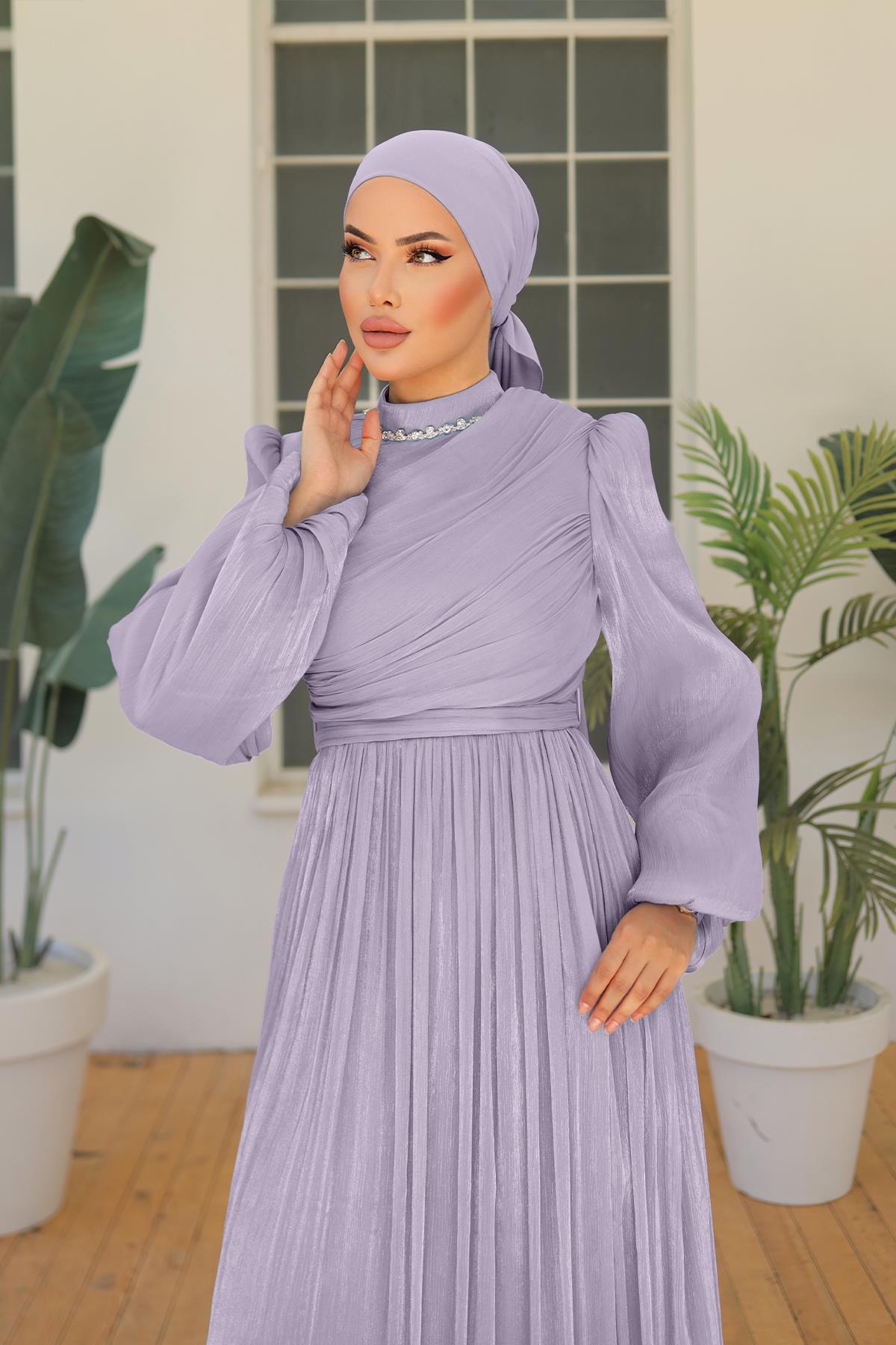 Tesettür İlay Işıltı Abiye Açık LilaLP7002