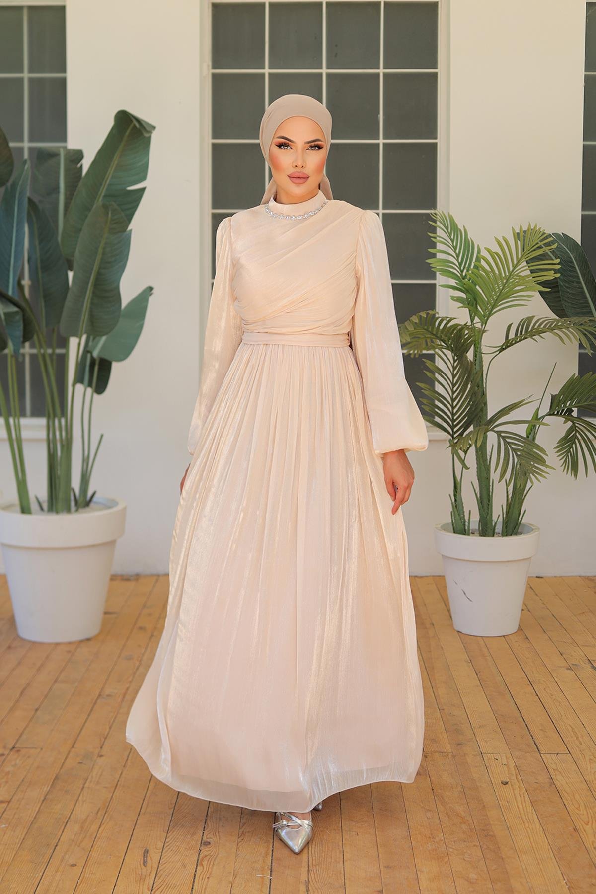 Tesettür İlay Işıltı Abiye BejLP7002