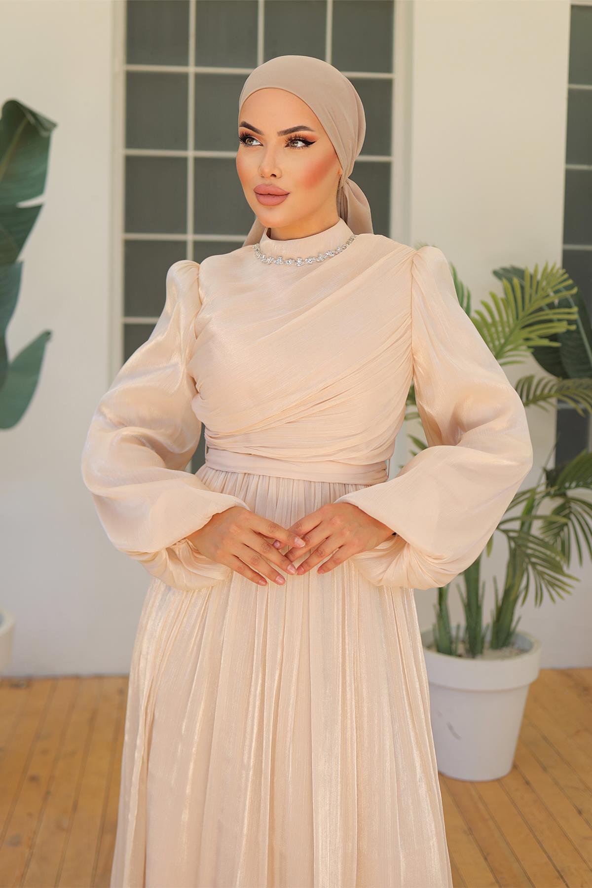 Tesettür İlay Işıltı Abiye BejLP7002