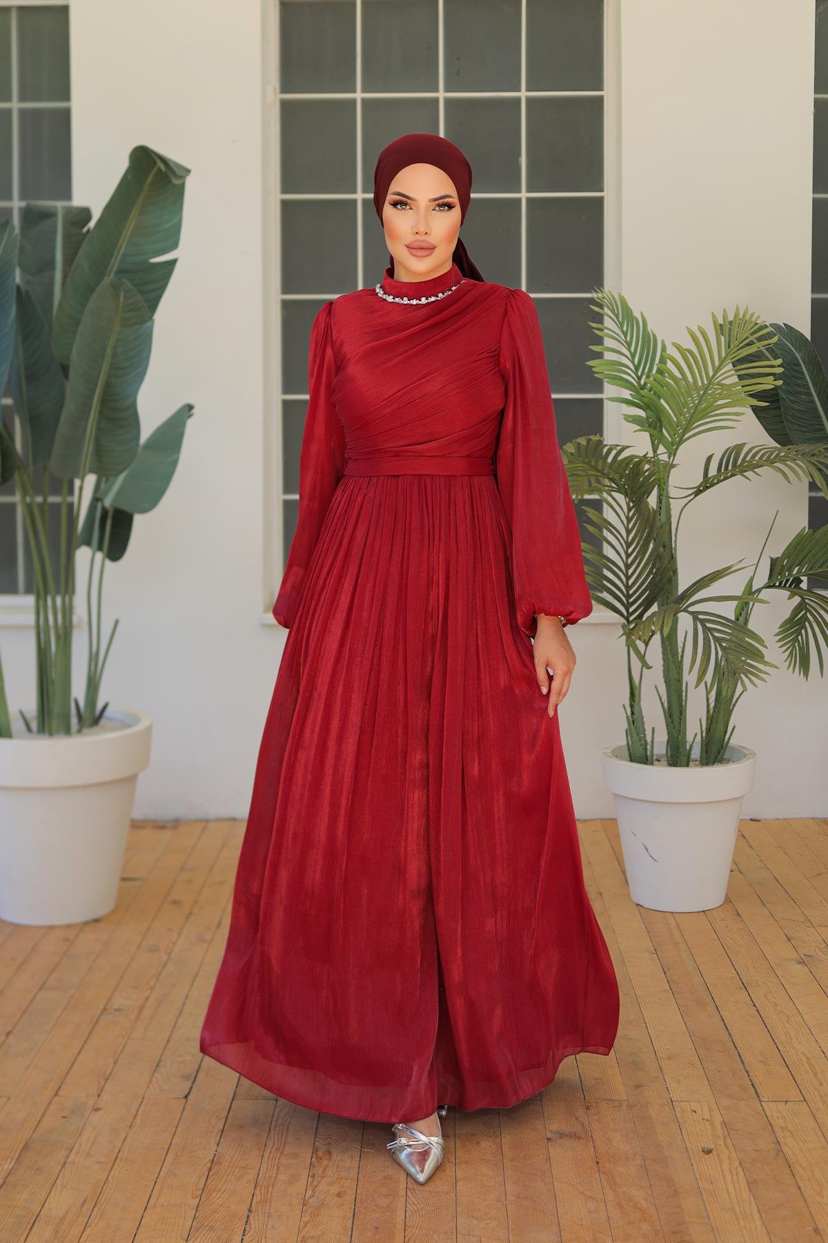 Tesettür İlay Işıltı Abiye BordoLP7002