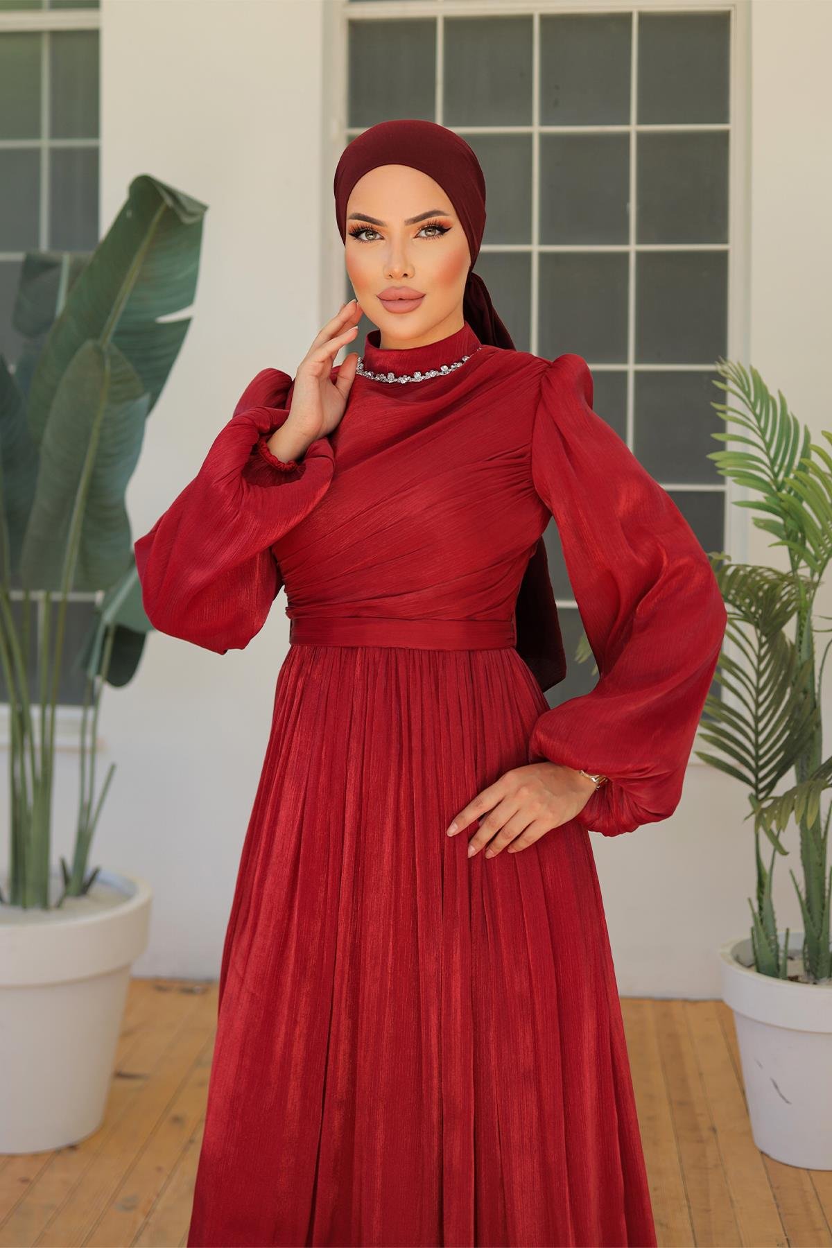 Tesettür İlay Işıltı Abiye BordoLP7002