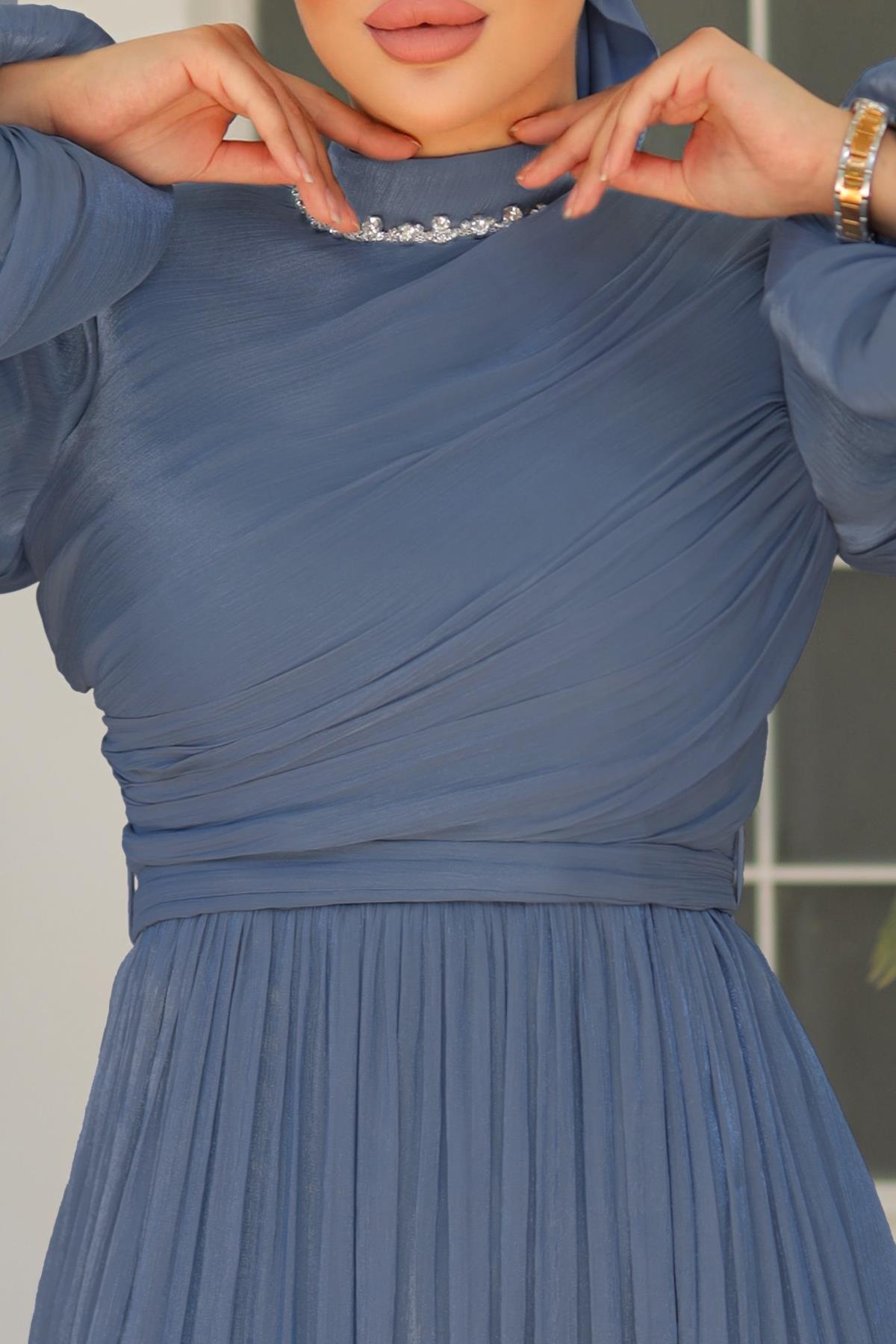 Tesettür İlay Işıltı Abiye IndigoLP7002