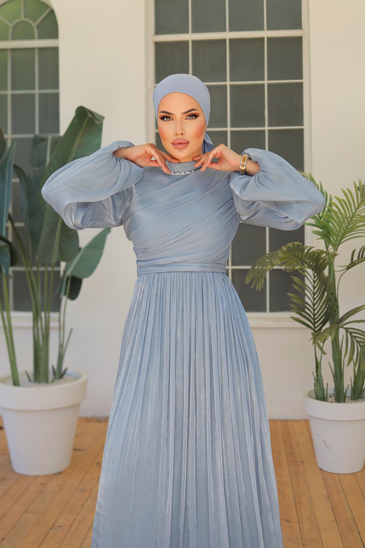 Tesettür İlay Işıltı Abiye MaviLP7002