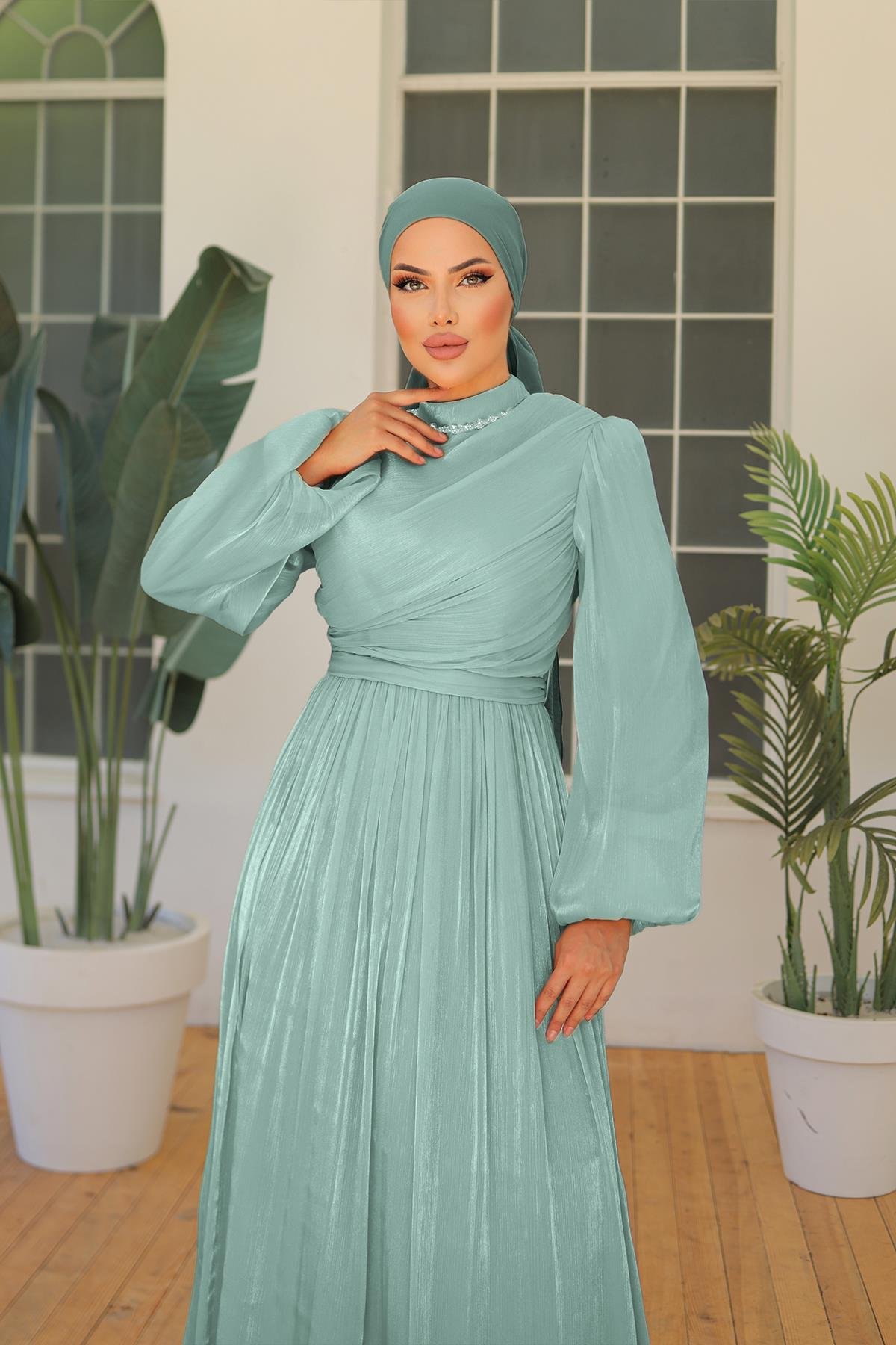 Tesettür İlay Işıltı Abiye Mint YeşiliLP7002