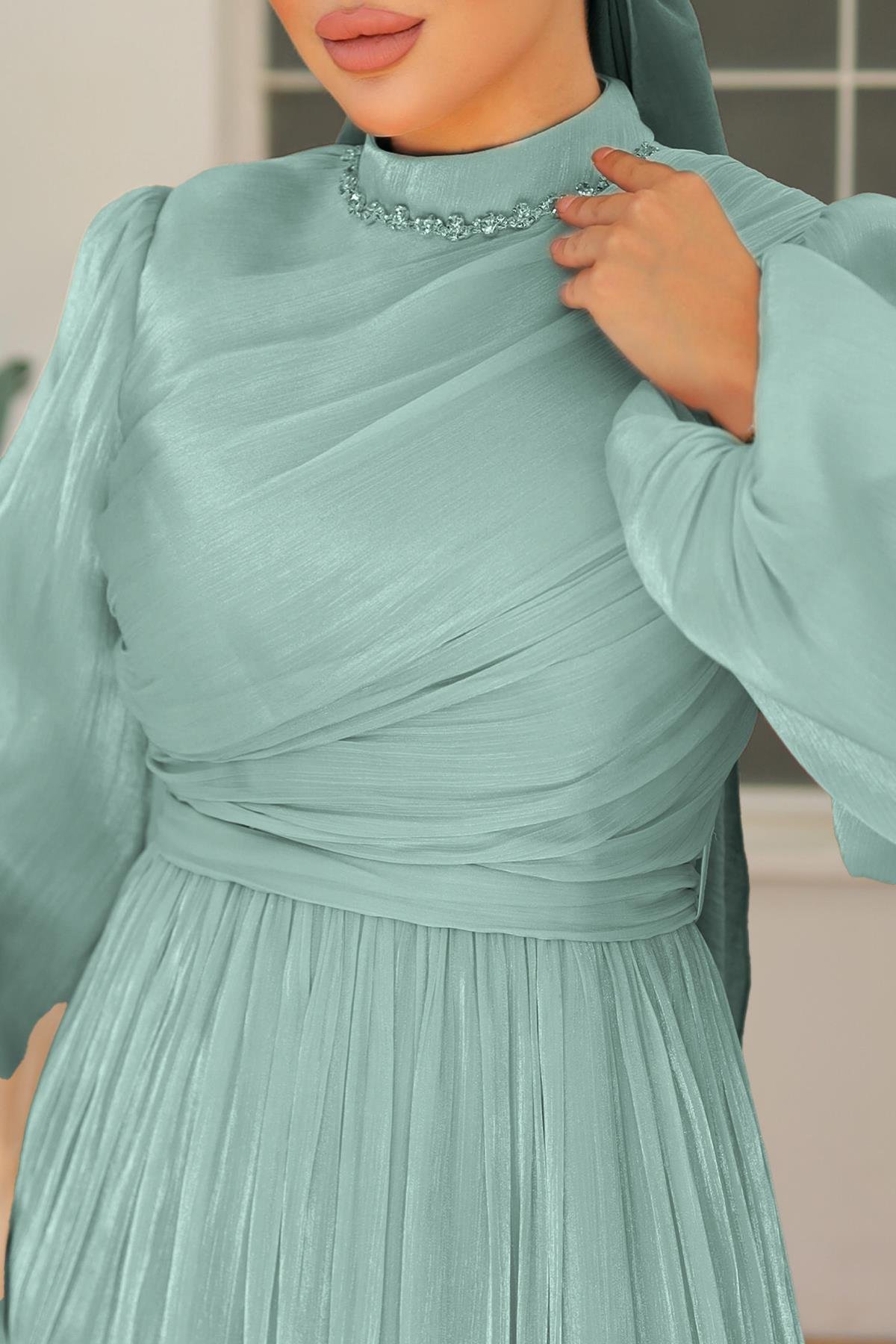 Tesettür İlay Işıltı Abiye Mint YeşiliLP7002