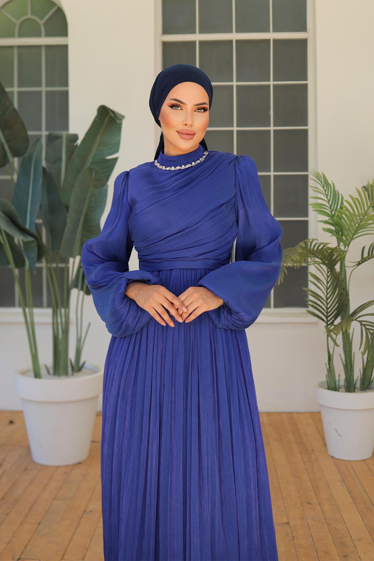 Tesettür İlay Işıltı Abiye Saks MavisiLP7002