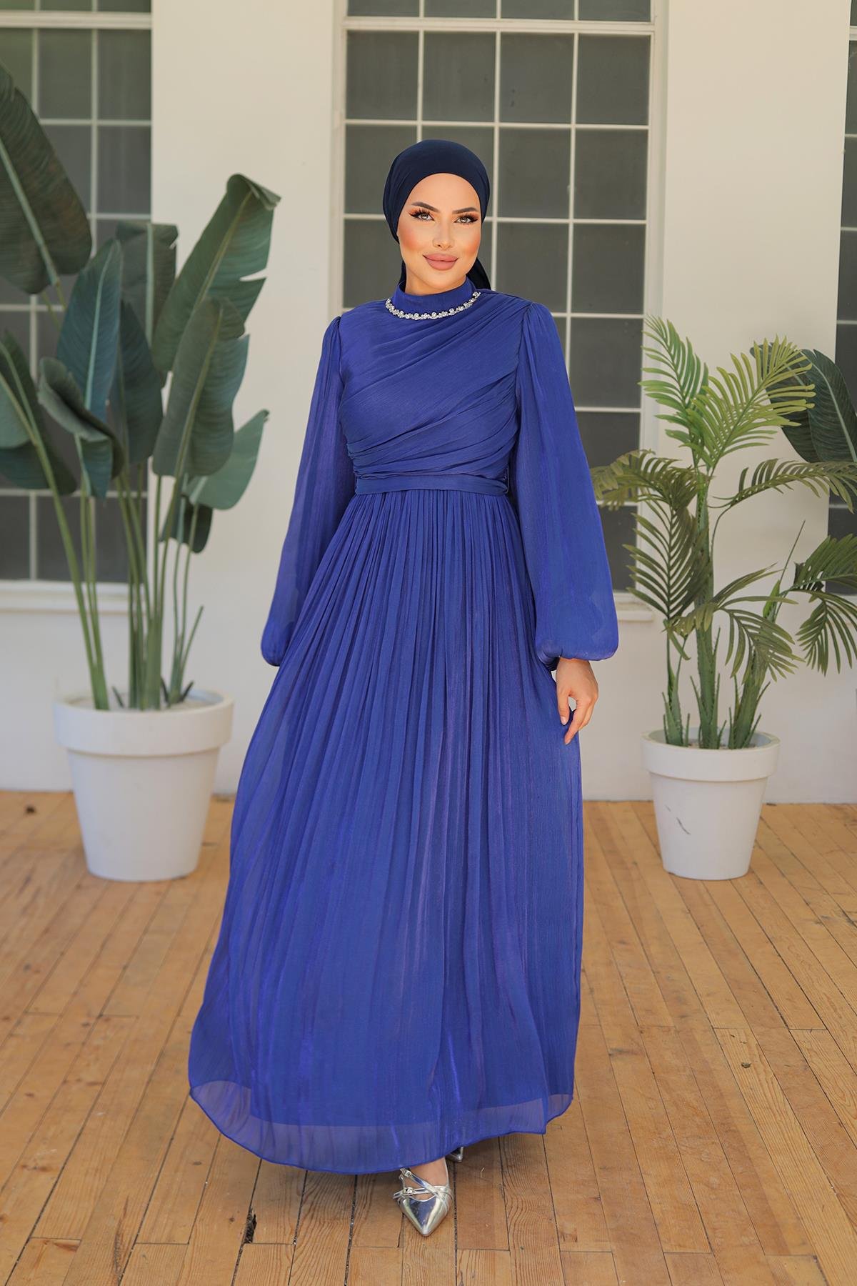 Tesettür İlay Işıltı Abiye Saks MavisiLP7002