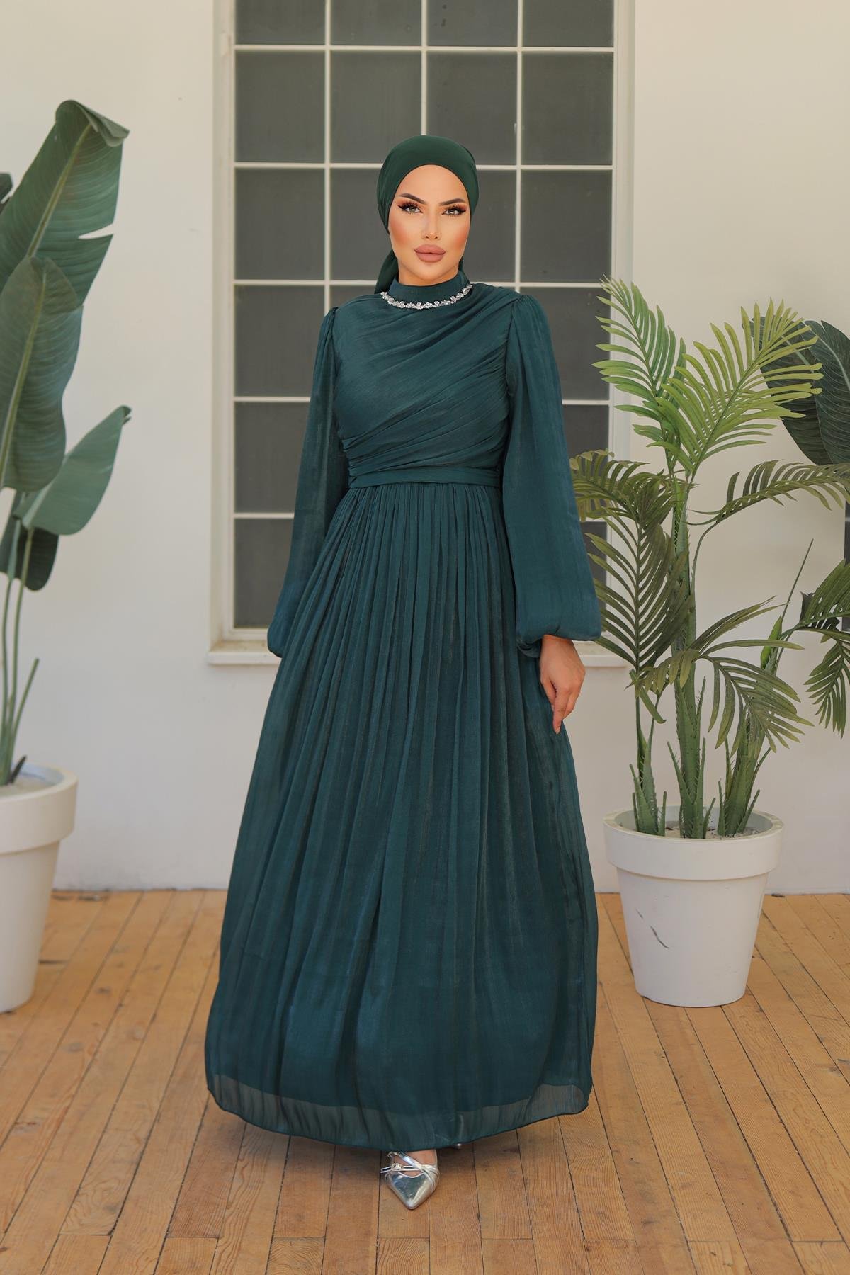 Tesettür İlay Işıltı Abiye Zümrüt YeşiliLP7002