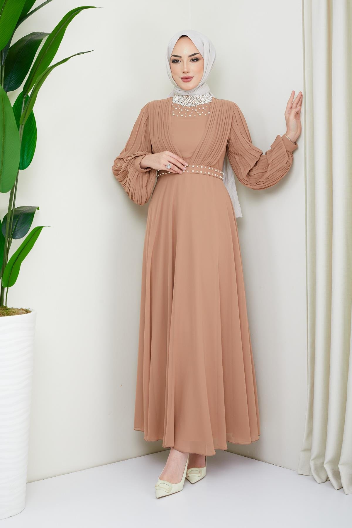 Tesettür İnci Süslemeli Piliseli Şifon Abiye VizonHM4195