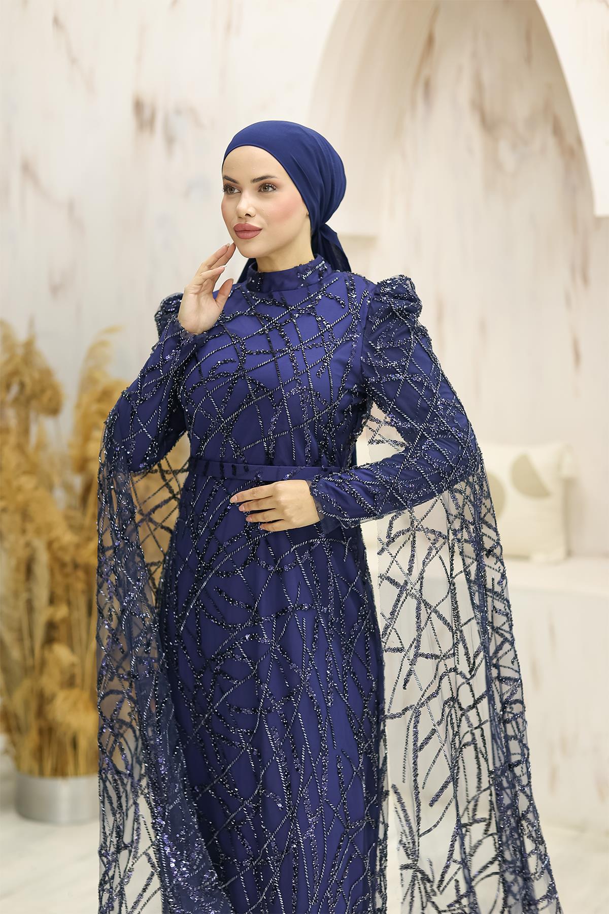 Tesettür İncilay Boncuklu Abiye LacivertLP6137