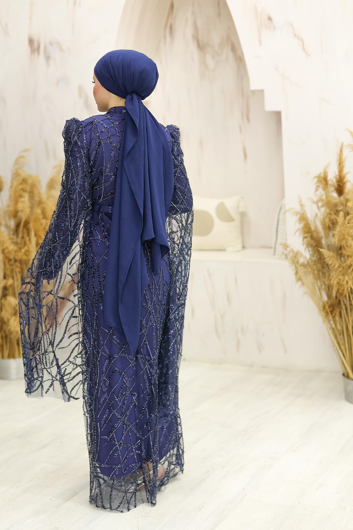 Tesettür İncilay Boncuklu Abiye LacivertLP6137