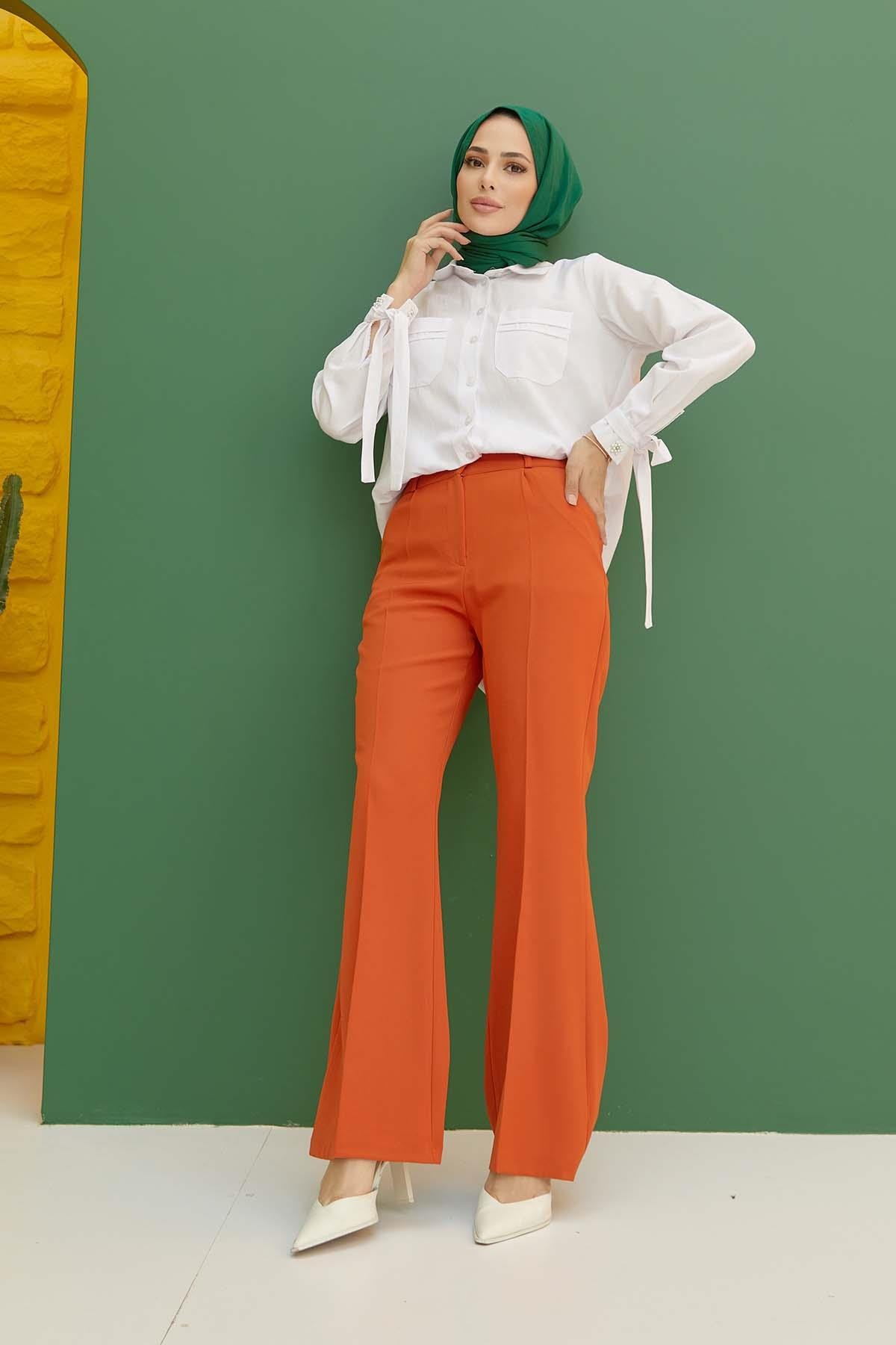 Tesettür İspanyol Paça Pileli Pantolon OranjHM1845