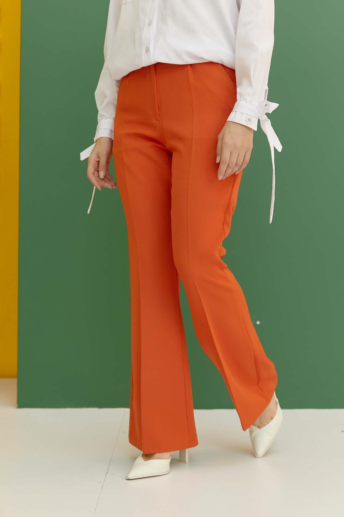 Tesettür İspanyol Paça Pileli Pantolon OranjHM1845