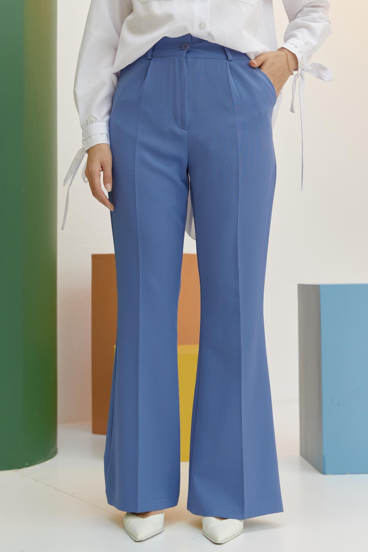 Tesettür İspanyol Paça Pileli Pantolon IndigoHM1845