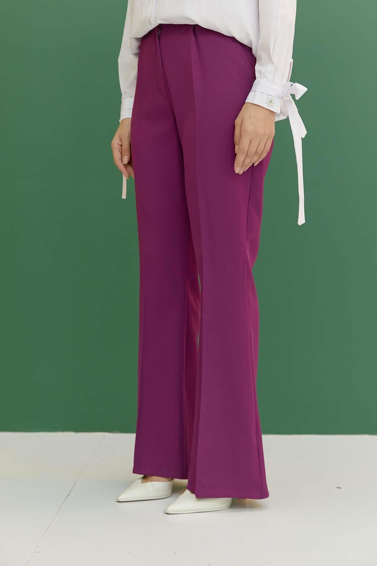 Tesettür İspanyol Paça Pileli Pantolon MürdümHM1845